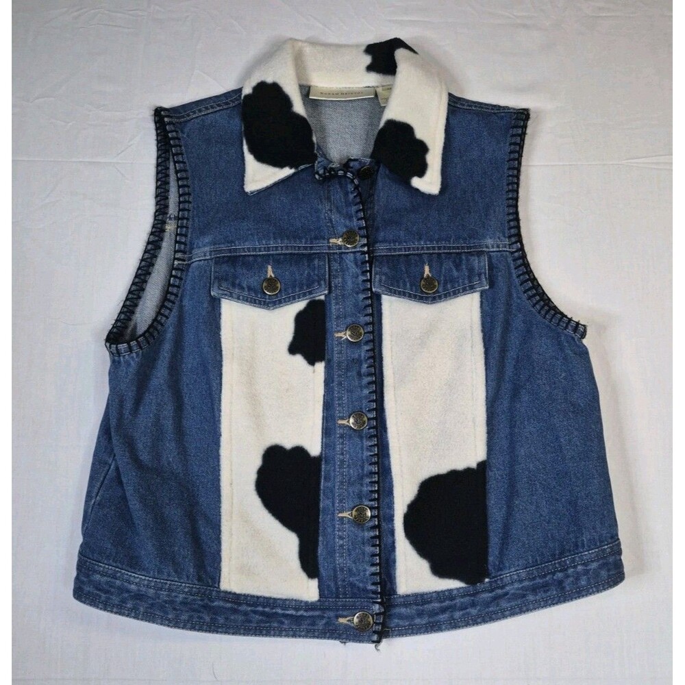 Vintage Susan Bristol Vest Womens Size Medium Denim Cow Print Western Fleece